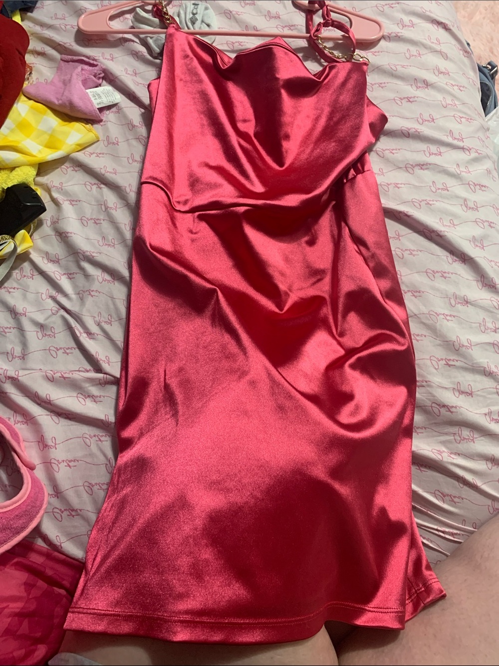 Planet Gold Satin Red Maxi Dress with Chain Straps